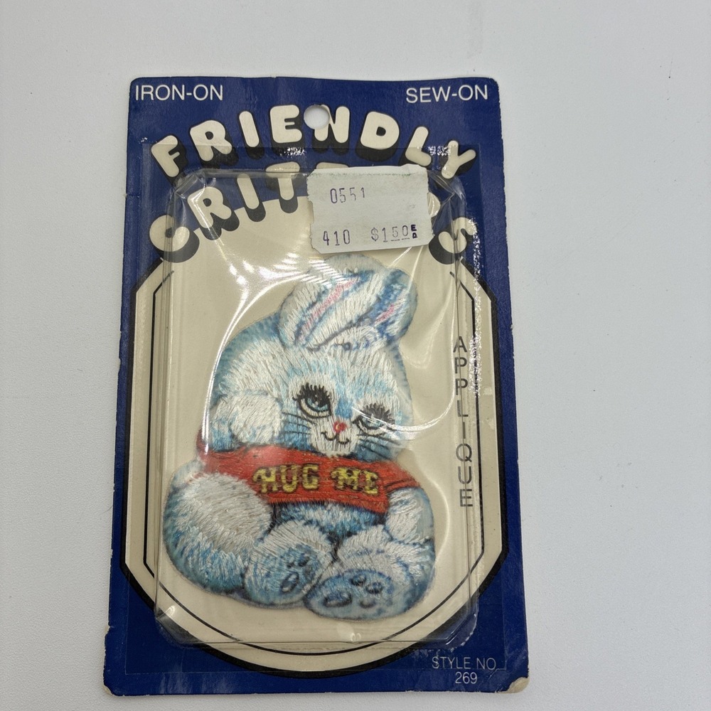 Vintage Friendly Critters Hug Me Bunny Blue Rabbit Iron On Patch Applique USA